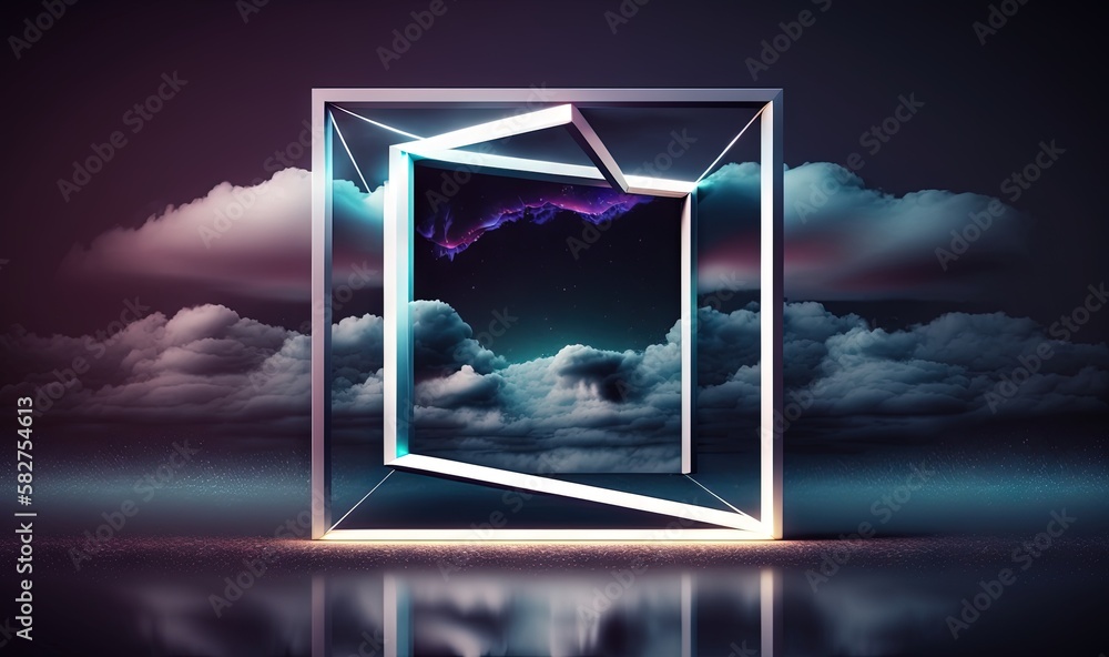 Poster an open door in the middle of a cloudy sky with a mountain in the distance and a sky with clouds ref