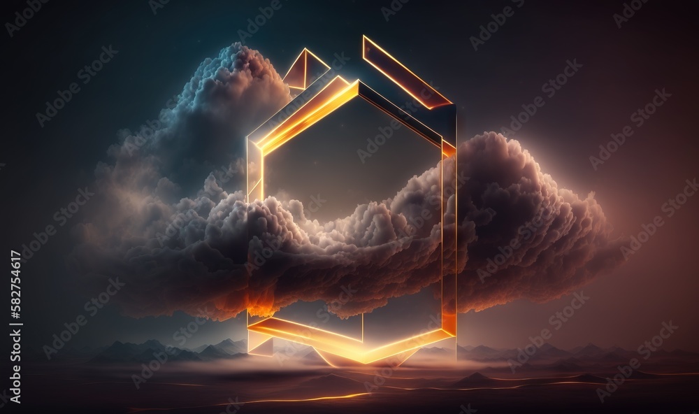Poster  an abstract image of a house in the sky with clouds in the foreground and a neon light in the middle of the image, with a dark background.  generative ai