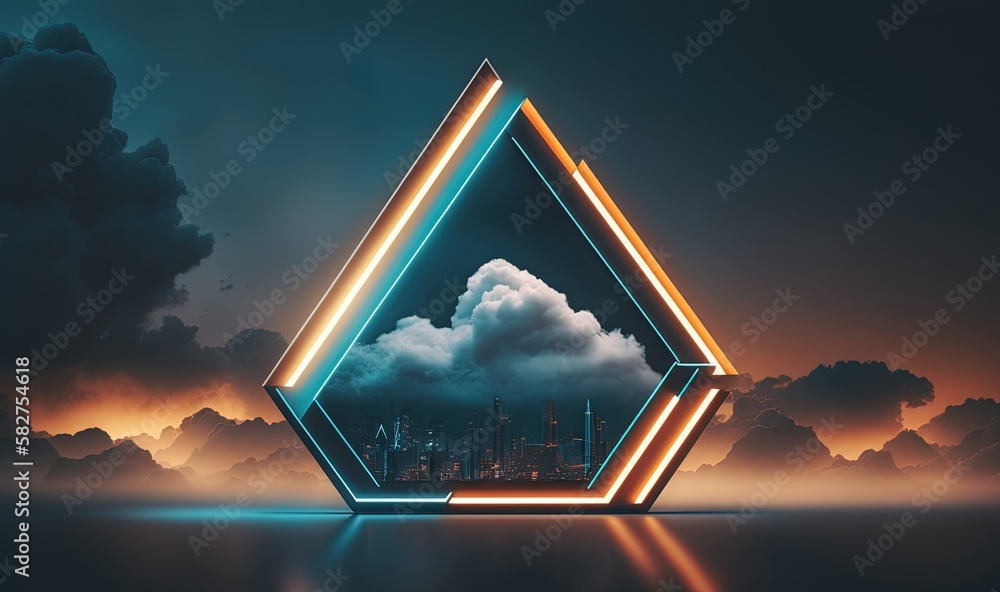 Poster a picture of a city in the sky with a neon triangle in the middle of the picture and clouds in the b