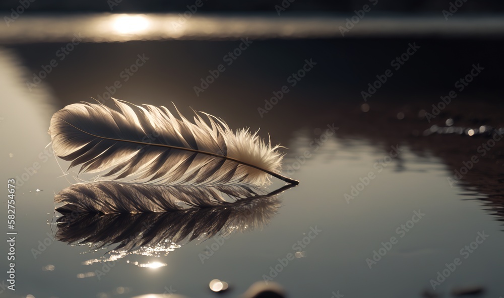 Poster a feather resting on the surface of a body of water with the sun shining in the background and refle