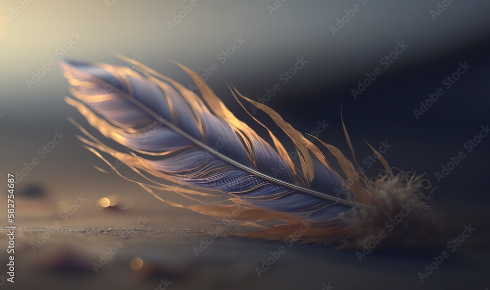 Poster a close up of a bird's feather on a table with a blurry background of a sun and a blurry background 