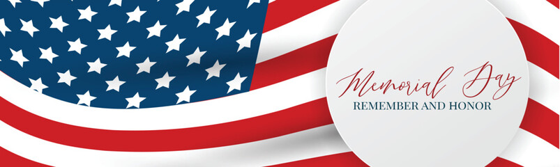 Memorial Day banner, website or newsletter header. Background with American national flag. United States of America holiday celebration concept. Vector illustration.