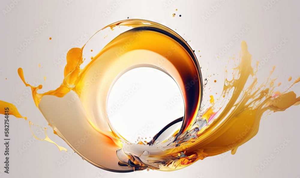 Poster a white circle with orange and yellow paint splashing out of it's center and around it is a white ci