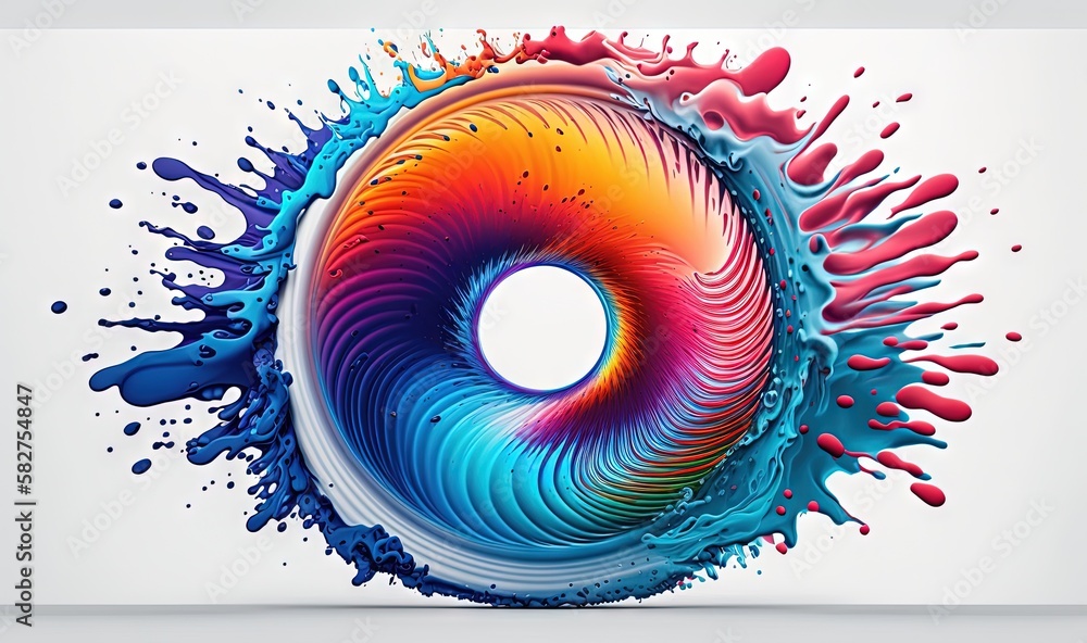 Poster a colorful object with a spiral design on it's side and water droplets on the side of the image and 