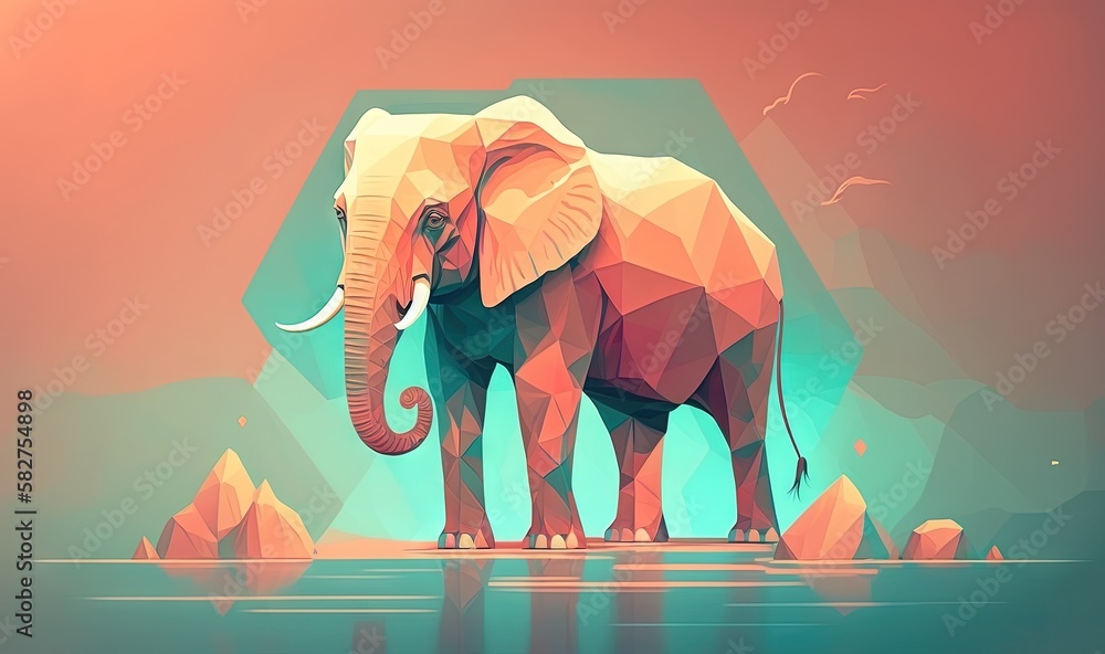 Aufkleber an elephant is standing on a rock in the water with its trunk in the air and its trunk in the air, w