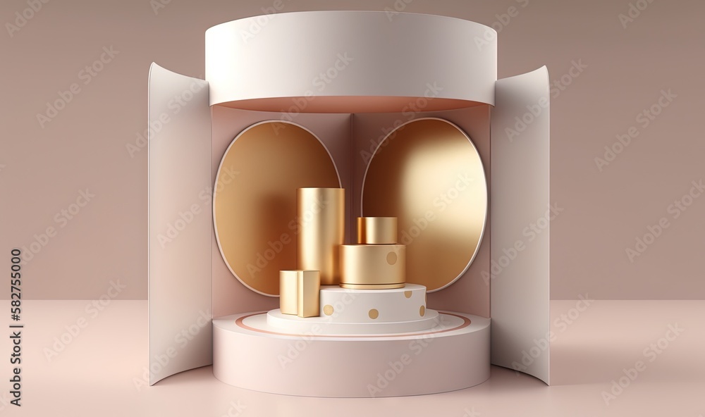 Poster a white and gold display case on a pink surface with a gold circle on the top of the display case an