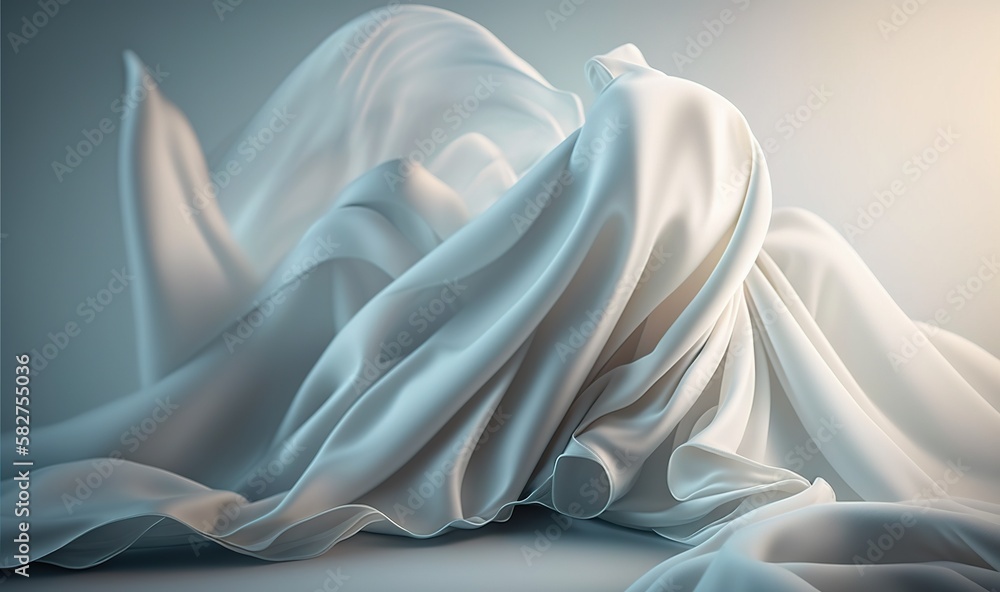 Poster a white fabric is blowing in the wind on a gray background with a light shining in the background an