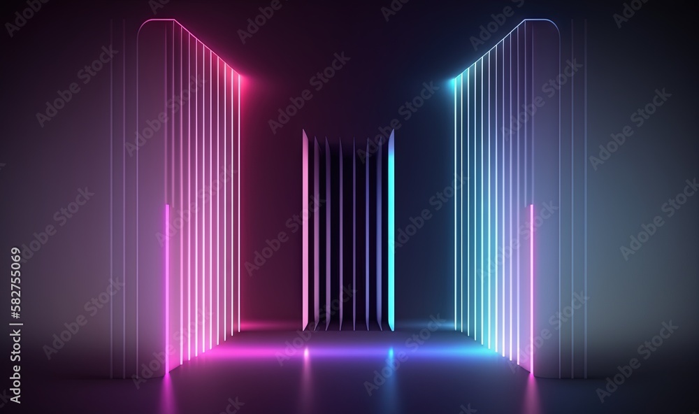 Poster a hallway with neon lights and a dark background with a long corridor between two walls and a doorwa