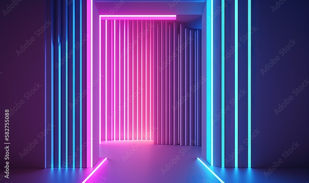 Poster a room with neon lights and a long corridor between two walls with vertical lines on the wall and a 