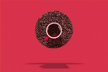 Cup of black coffee and coffee beans in circle levitate on red background. Minimal horizontal composition, funny coffee culture concept