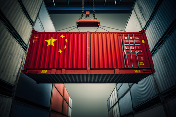 The concept of China export-import, container transporting and national delivery of goods. The transporting container with the national flag of China, view front. Generative AI - obrazy, fototapety, plakaty