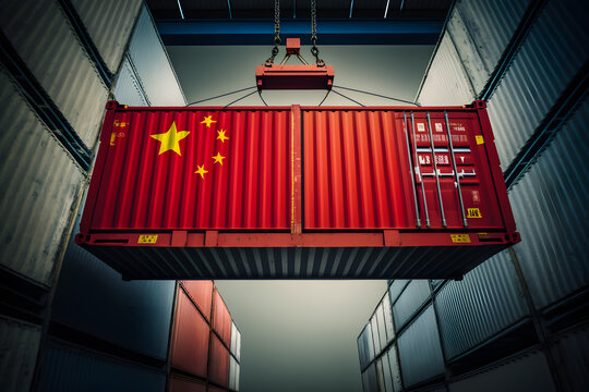 The concept of China export-import, container transporting and national delivery of goods. The transporting container with the national flag of China, view front. Generative AI