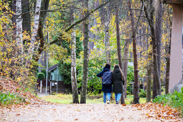 Fototapeta na wymiar Pedestrians walk along a street strewn with autumn leaves
