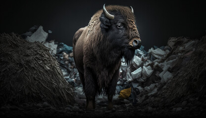 Fototapeta premium A bison stands near a pile of plastic with looking for food and accommodation, Concept of saving the world. Generative AI.