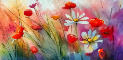 Watercolor paintings landscape, spring flowers in the meadow, grass and flowers, yellow flowers background