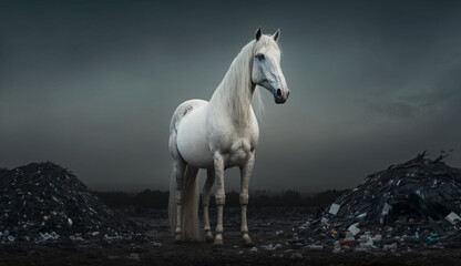 Obraz na płótnie Canvas white horse stands near a pile of plastic with looking for food and accommodation, Concept of saving the world. Generative AI.
