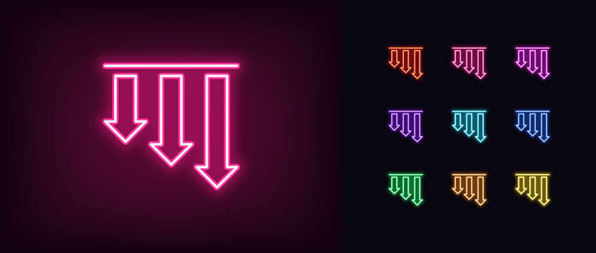 Outline neon decrease arrow bars icon set. Glowing neon decline chart trend, downward arrow bars. Financial forecast, drop in shares, decrease level, loss and falling trend.