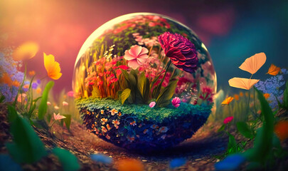 A beautiful globe manipulation background with flowers representing the earth's vibrant ecosystem