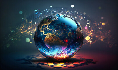 A musical globe manipulation background with music notes representing the world's diverse sounds