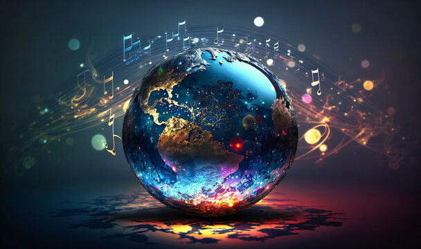 A musical globe manipulation background with music notes representing the world's diverse sounds