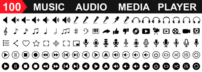 Set 100 media player control icons, music, sound and cinema icon set, interface multimedia symbols video and audio, media player buttons, music speaker volume – stock vector - obrazy, fototapety, plakaty