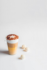 Cafe latte macchiato layered coffee on white background