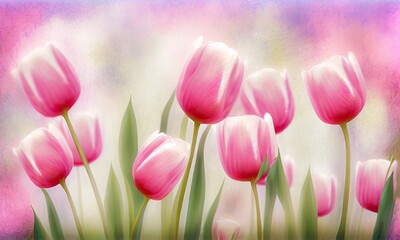 A painting of tulips with pink flowers in the background, generative AI