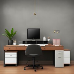 office desk with computer, chair, lamp, drawers, plant. Generative AI, Generative, AI
