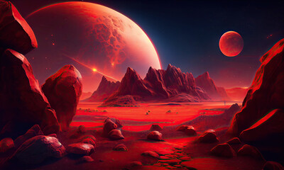 A planet with a red planet and mountains in the background, generative AI