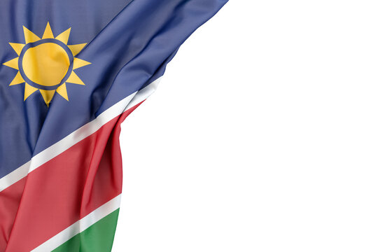 Flag of Namibia in the corner on white background. 3D rendering. Isolated