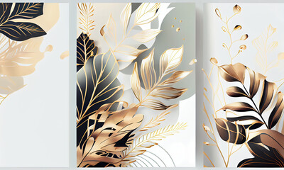 A set of four banners with gold and black leaves and flowers, generative AI