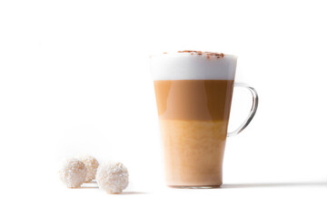 Cafe latte macchiato layered coffee on white background