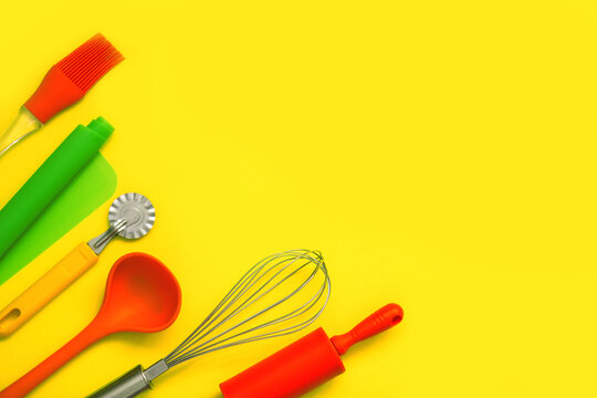 culinary background, culinary accessories on yellow background with copy space