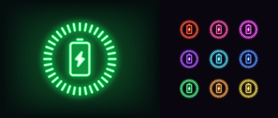 Outline neon charging battery icon set. Glowing neon battery with lightning sign and charging circle, wireless electric charger. Inductive dock station for charging devices.