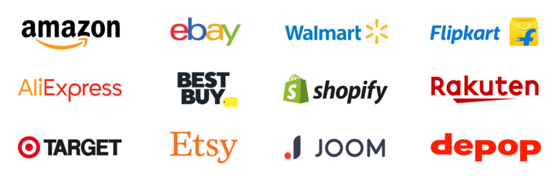 Kiev, Ukraine - March 19, 2023: Top online trading platforms companies logo. Popular world's leading shop brands. Amazon, Ebay, Walmart, Shopify, Aliexpress, BestBuy, Joom, Rakuten. Editorial vector