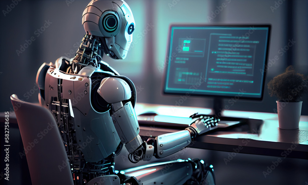 Poster a robot sits at a computer with a screen, generative ai