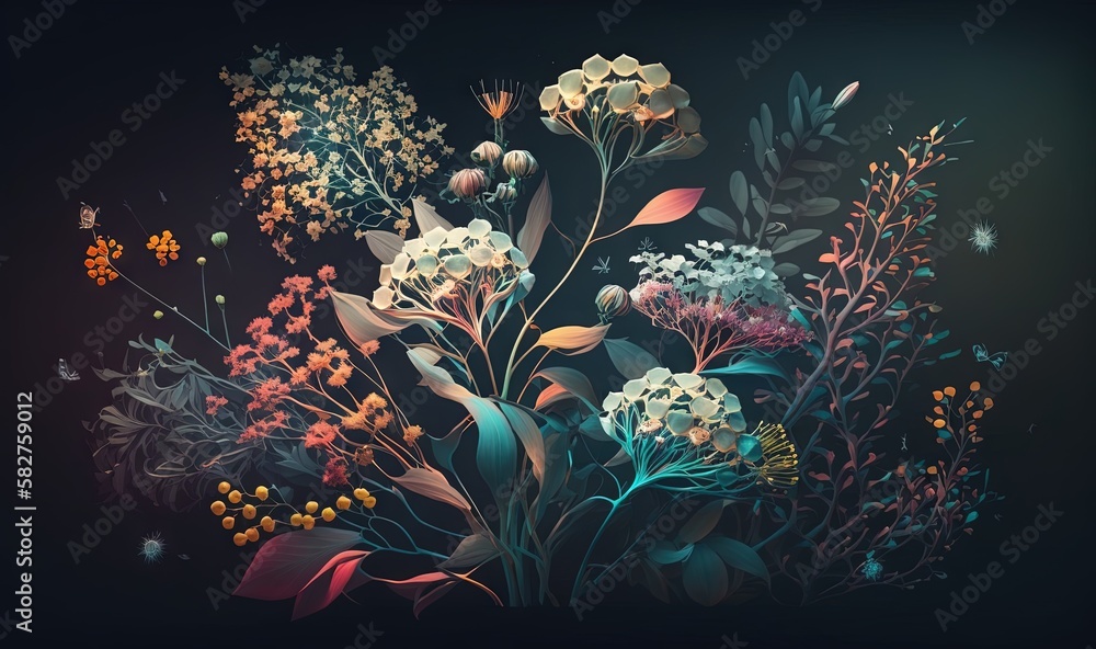 Poster a bunch of flowers that are on a black background with a black background and a black background wit