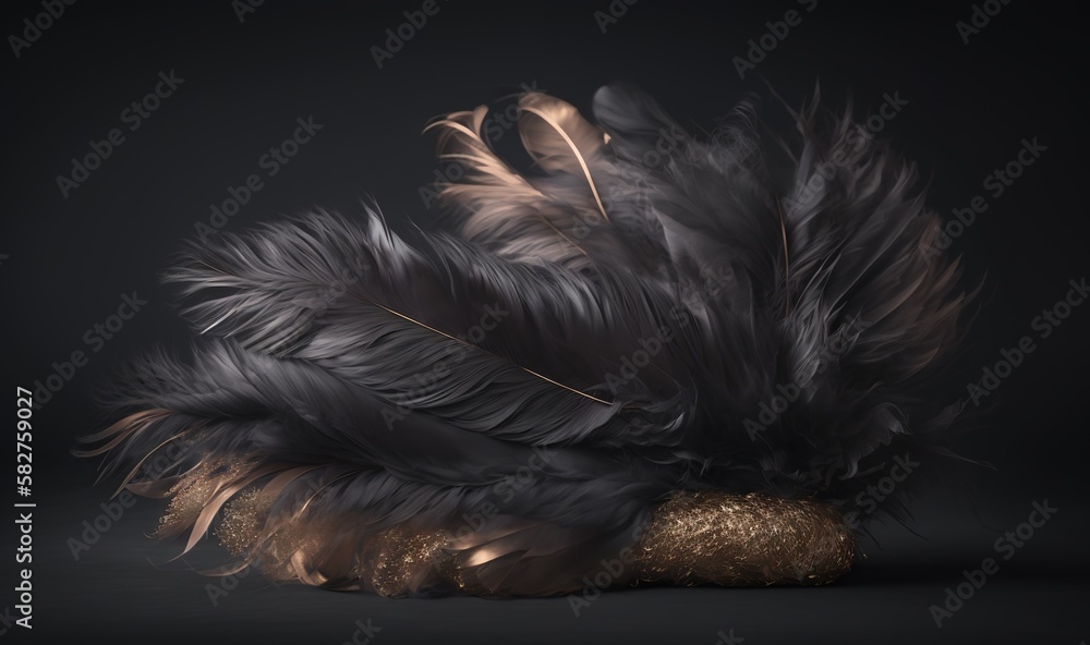 Poster a close up of a black and gold feather on a black background with a gold glittered object in the mid
