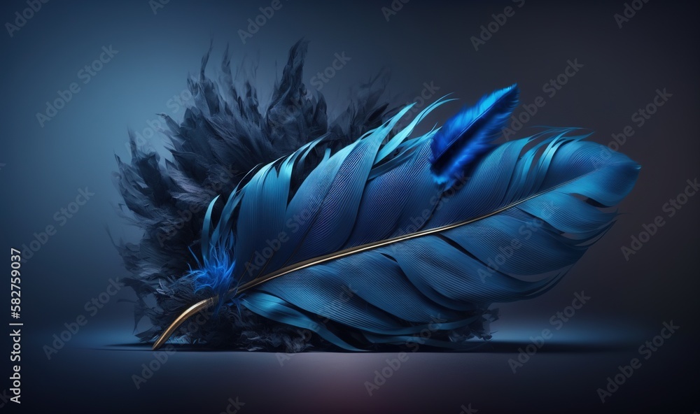 Poster a blue feather with a gold tip on a black background with a blue background and a black background w