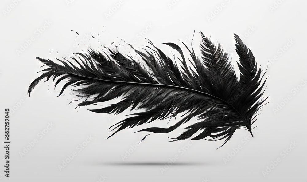 Poster a black and white photo of a feather on a white background with a shadow of a feather on the left si