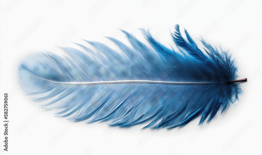 Poster a blue feather is laying on a white surface with a red tip in the middle of the feather is a white b