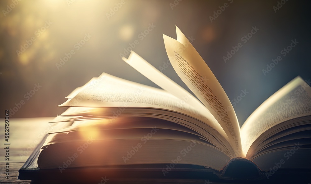 Poster an open book sitting on top of a wooden table next to a light source in the background of a blurry i