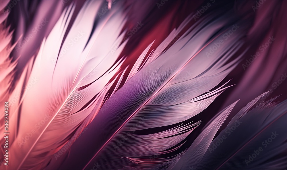 Poster a close up of a purple and red feather pattern on a wallpaper background with a blurry image of the 