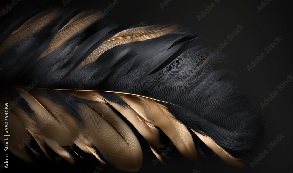 Poster a close up of a black and gold feather on a black background with a gold stripe on the tip of the fe