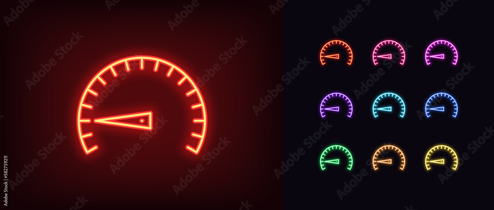 Poster outline neon low speed icon set. glowing neon speedometer with scale and arrow, slow velocity and lo