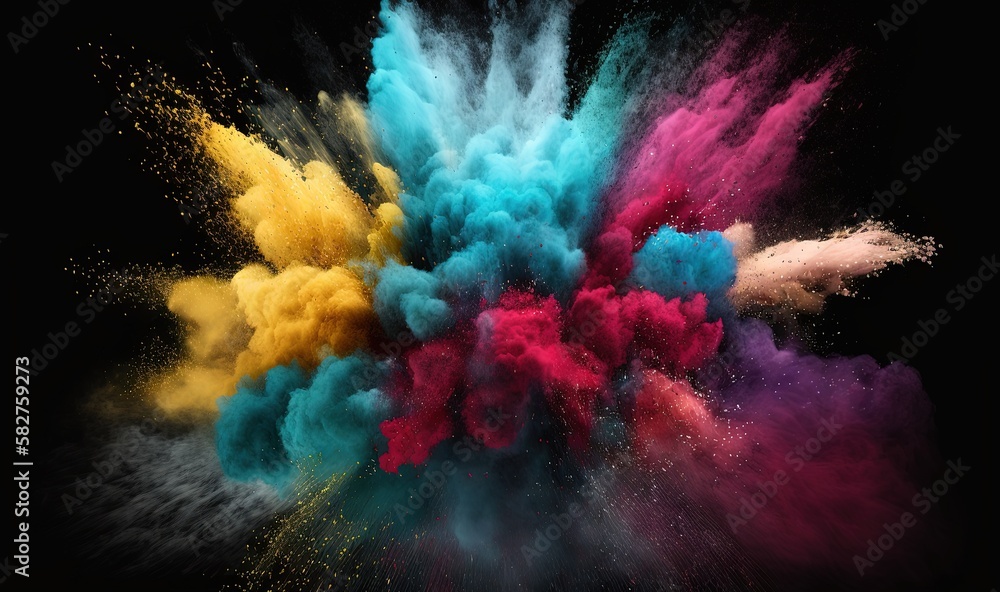 Poster a colorful explosion of colored powder on a black background with space for text or image or image t