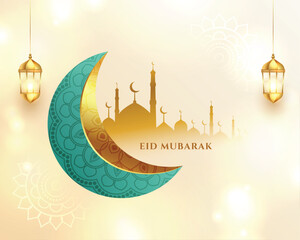 beautiful  eid mubarak shiny background with realistic moon and mosque