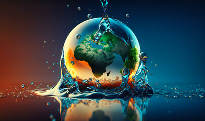 A refreshing globe manipulation background with water droplets representing the earth's vital resources