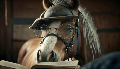 A white-brown horse standing cool wearing glasses and a hat. Generative AI.