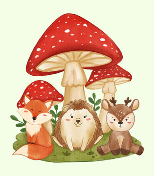 Giant mushrooms with wildlife animals fox hedgehog and deer . Realistic watercolor paint with paper textured . Cartoon character design . Vector .